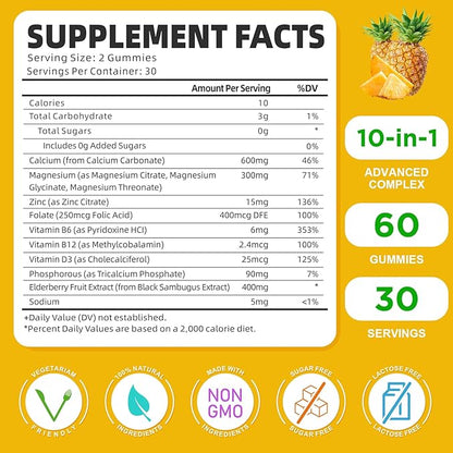 Calcium Magnesium Zinc Gummies with Vitamin D3, Sugar 60 Count