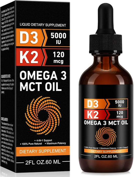 Vitamin D3 5000 IU & K2 (MK-7) 120 mcg 60ml Drops with MCT Oil Omega 3, Liquid Vitamin D3 & K2 Supplements - 2 Months Supply -Supports Bones, Teeth, Mood & Immune System, Calcium Absorption