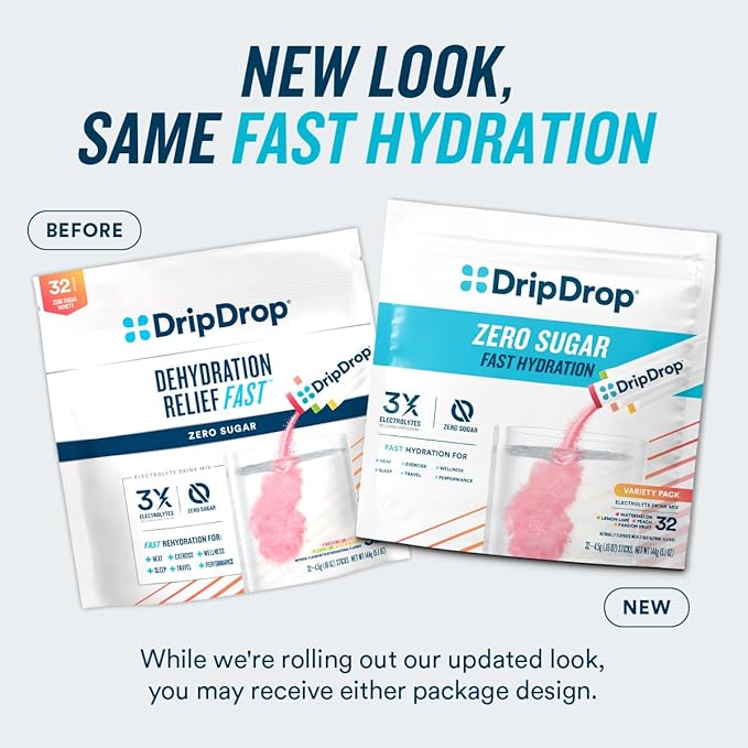 DripDrop Hydration - Zero Sugar Lemon Lime - Electrolyte Drink Mix Single Serve Powder Packets | Non-GMO, Gluten Free, Vegan | 32 Sticks