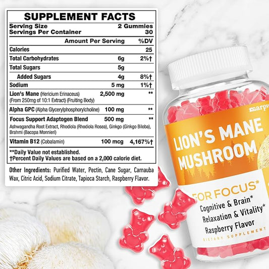 Lions Mane Gummies,Lion's Mane Extract to 2500mg, Brain Supplements for Memory and Focus, Immune & Relaxation, Lions Mane Gummies for Adults, with Ashwagandha & Alpha GPC, 120 Mushroom Gummies