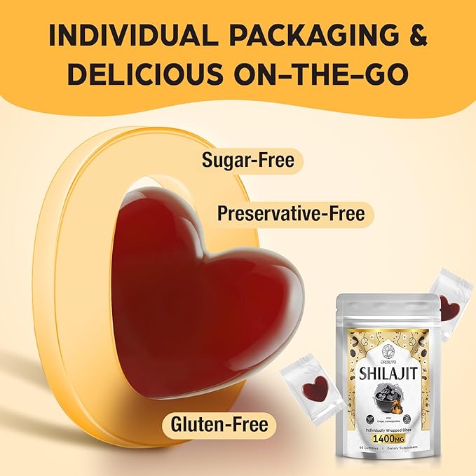 1400 MG Shilajit Gummies, Shilajit Pure Himalayan Organic Gummies with Ashwagandha, Himalayan shilajit for Men, 85+ Trace Minerals & Fulvic Acid, Individually Wrapped, Sugar-Free, 60 Gummies