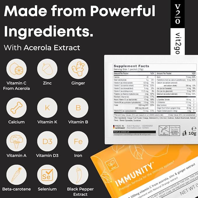 Immunity Booster Powder, Easy to Use Vegan Immune Booster with Vitamin D, A, B, C, & K, NRV Zinc, Plus Ginger Extract (30 Pack)