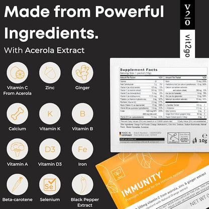 Immunity Booster Powder, Easy to Use Vegan Immune Booster with Vitamin D, A, B, C, & K, NRV Zinc, Plus Ginger Extract (30 Pack)