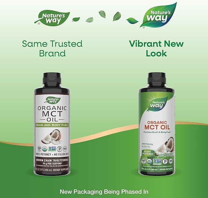 Nature's Way Organic MCT Oil, 16 Fl Oz, Brain and Body Fuel from Coconuts*, C8 Caprylic Acid and C10 Capric Acid, Keto and Paleo Certified, Organic, Non-GMO Project Verified (Packaging May Vary)