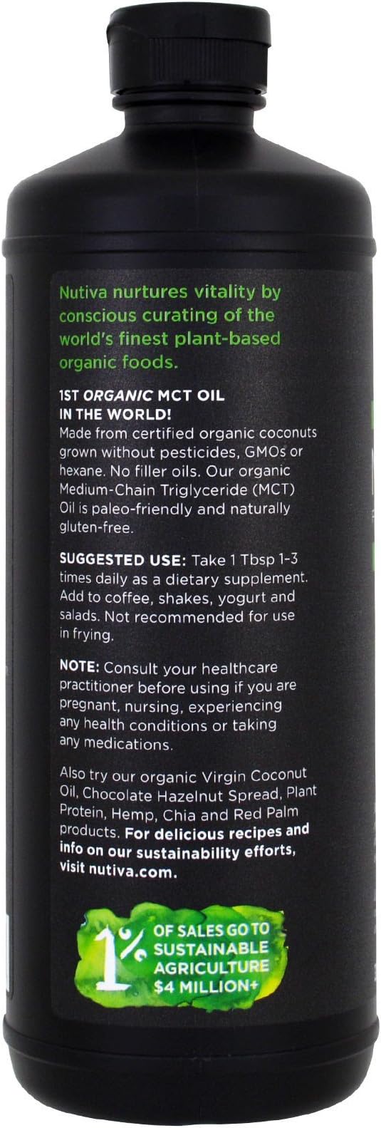 Nutiva Organic MCT Oil, Unflavored, 32 Oz, USDA Organic, Non-GMO, Non-BPA, Whole 30 Approved, Vegan, Gluten-Free & Keto, 14g MCT per Serving & Neutral Flavor for Energy Boost to Coffee, Shakes and Salads