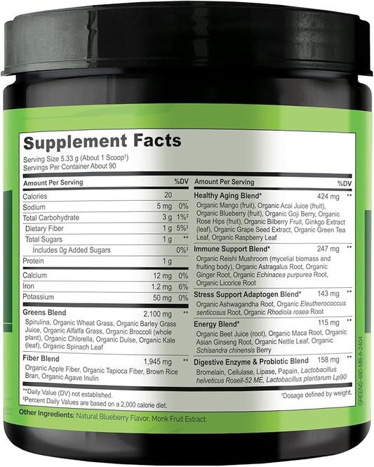 NATURELO Raw Greens Superfood Powder - Mixed Berry - Boost Energy, Detox, Enhance Health - Organic Spirulina - Wheat Grass - Whole Food Nutrition from Fruits & Vegetables - 480 Grams