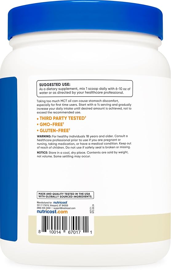 Nutricost Premium MCT Oil Powder (1 LB, Vanilla) - Best for Keto, Ketosis, and Ketogenic Diets - Zero Net Carbs, Non-GMO and Gluten Free, Medium Chain Triglyceride