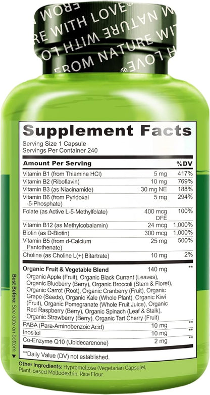 NATURELO B Complex B6, Folate, B12, Biotin 240 Capsules