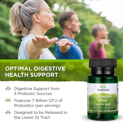 Swanson L. Reuteri Probiotic Plus w/L. Rhamnosus L. Acidophilus & FOS Prebiotic Digestive Support - Promotes Gut Health w/ 7 Billion CFU per Capsule - (30 Veggie Capsules)