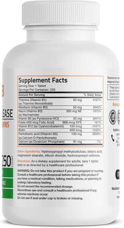 Bronson Super B Vitamin B Complex B1, B2, B2, B3, B3, B6, B6, B9 B9 - B12) Contains 250 Tablets