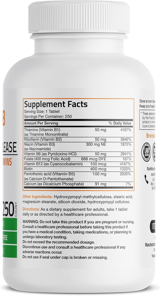 Bronson Super B Vitamin B Complex B1, B2, B2, B3, B3, B6, B6, B9 B9 - B12) Contains 250 Tablets