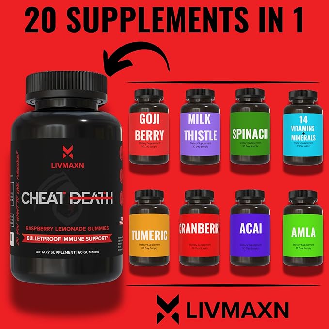 Cheat Death, 20-in-1 Multivitamin for Men B12 | 7 Herb 60 Gummies.