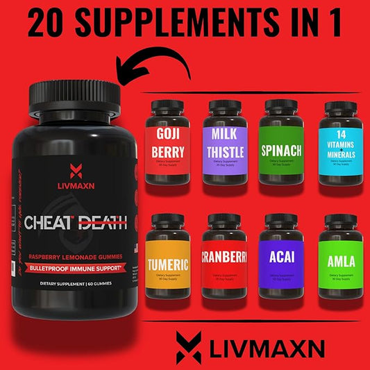 Cheat Death, 20-in-1 Multivitamin for Men B12 | 7 Herb 60 Gummies.