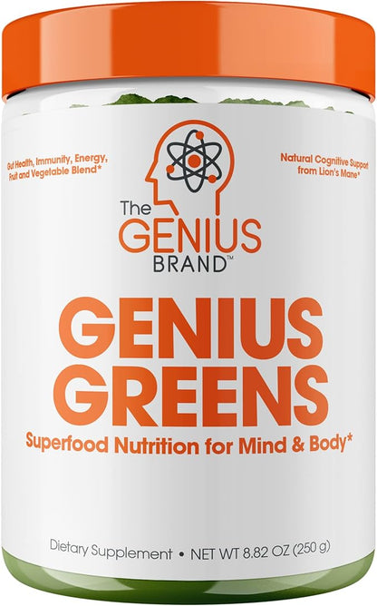 The Genius Brand - Super Greens Superfood Powder, Nootropic Supplement - Organic Spirulina Powder with Lion's Mane, Kale, Spinach & Antioxidants - Juice & Smoothie Mix for Energy, Immunity & Health