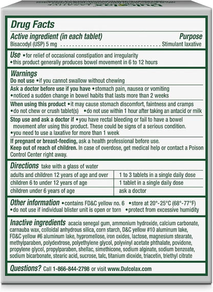 Dulcolax Overnight Relief Laxative for Gentle 5 mg 50 Count 125 mg