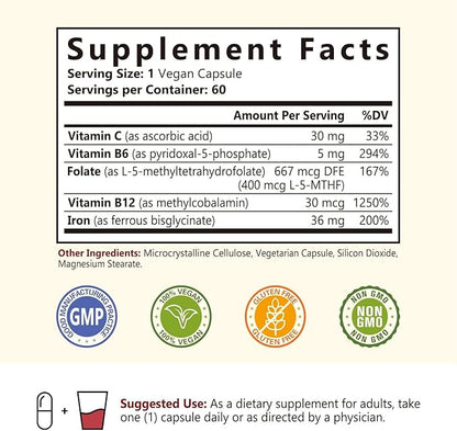 Iron Supplement, 36 mg of Elemental B6, B12, B12, folate, 60 Veggie