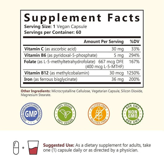 Iron Supplement, 36 mg of Elemental B6, B12, B12, folate, 60 Veggie