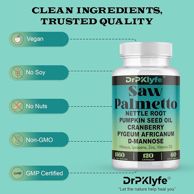 Internist Recommended, 30 yrs Exp. : Saw Palmetto, Nettle Root, Pumpkin Seed Oil, Cranberry, Pygeum Africanum,D-Mannose, Hibiscus,Lycopne: 1560 mg:Bladder, Prostate & Hair Health.