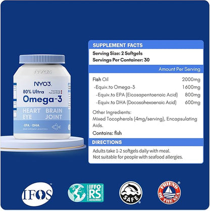 Fish Oil Supplement 2000 mg, 80% 3 with 3 Fatty 60 Softgels 60 Day