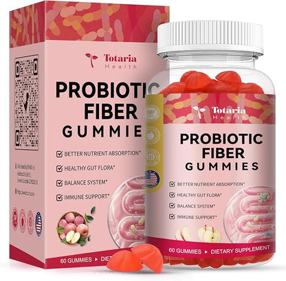 9-in-1 Probiotic Fiber Gummies for Adults & Teens 16G Fiber per Serving, Psyllium Fiber Supplement with 5 Billion CFU Bacillus Coagulans, Inulin, ACV for Digestive, Gut & Immune Wellness - 60 Gummies