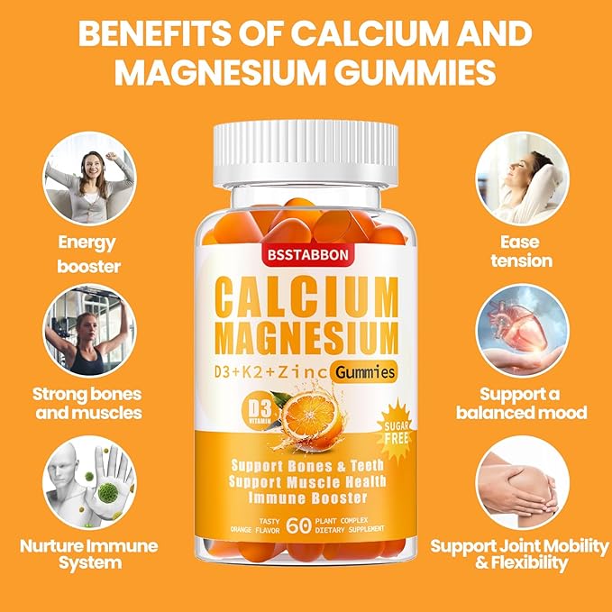 Sugar Free Calcium Magnesium Gummies 600mg Calcium,300mg Magnesium D3 & K2,Supplements for Support（120count,BS1722)