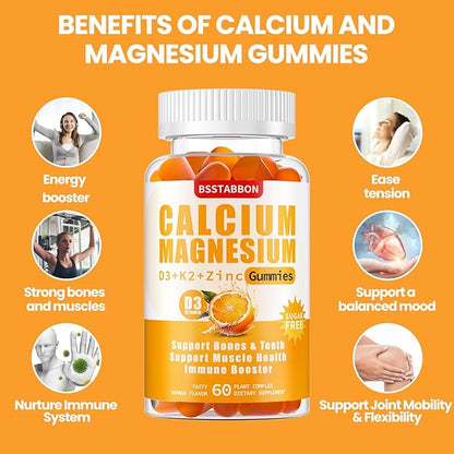 Sugar Free Calcium Magnesium Gummies 600mg Calcium,300mg Magnesium D3 & K2,Supplements for Support（120count,BS1722)