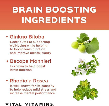 Vital Vitamins Brain Supplements for Memory and Focus - Nootropic Brain Support - Memory, Clarity, Focus, Energy - Vitamin B12, Gingko Biloba, DMAE