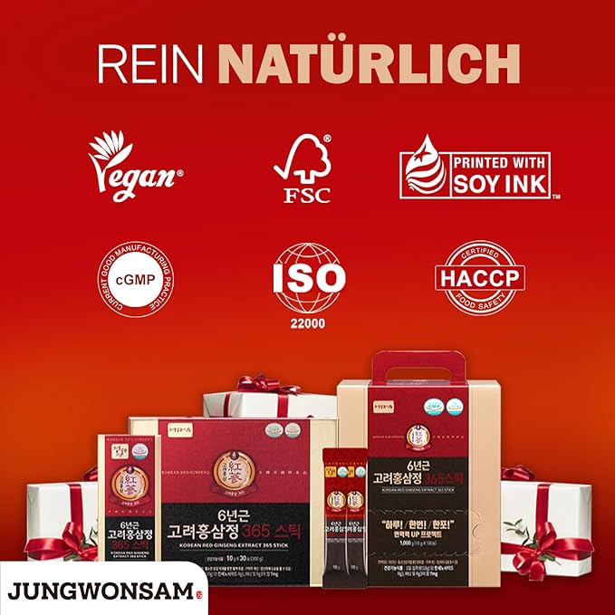 6-Year Korean Red Ginseng Extract 365 | 30 Sticks | Vegan | 7mg Ginsenosides per Stick | Energy, Focus, Fatigue, Immune Support | Supplement for Men & Women