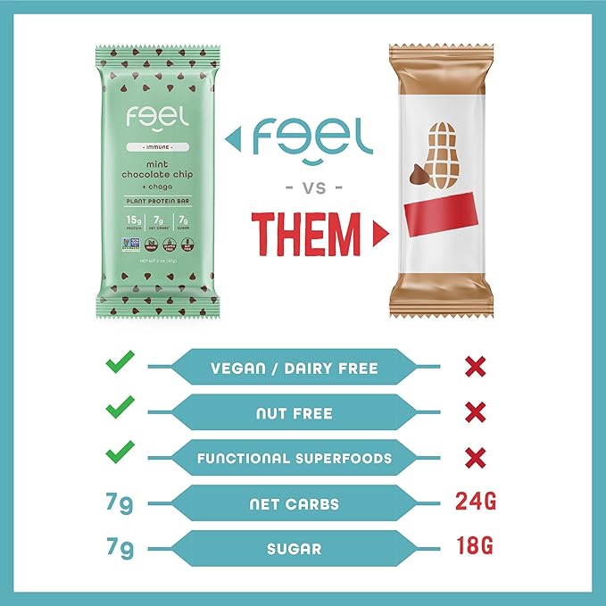 Feel Vegan Protein Bars | Mint Chocolate Chip | Keto | Gluten Free | Organic | Chaga Mushroom | 15g Plant Protein | Low Carb | High Protein | Dairy Free | Low Sugar | Grain Free | Nut Free | Soy Free