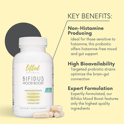 Probiotics 30 Billion CFU - Bifidus Mood Support Supplement w/prebiotics & probiotics for Women and Men - Mood & Digestion Support- Histamine Free - Natural Mood Boost - 60 Days Supply, Non-GMO