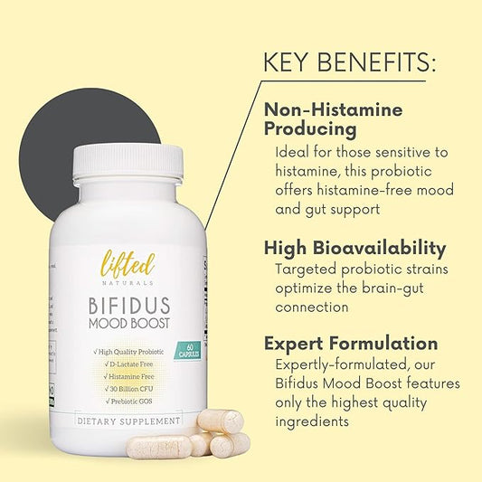 Probiotics 30 Billion CFU - Bifidus Mood Support Supplement w/prebiotics & probiotics for Women and Men - Mood & Digestion Support- Histamine Free - Natural Mood Boost - 60 Days Supply, Non-GMO