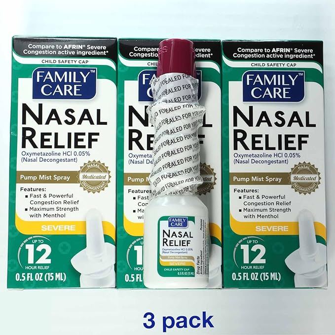 FamilyCare Nasal Relief Spray, Pump Mist, 12 Hours, 3 Pack
