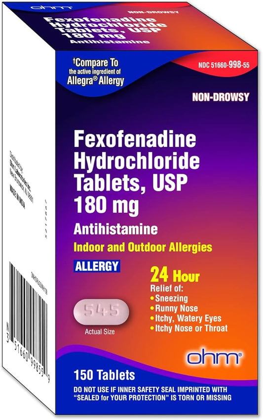Ohm Fexofenadine Antihistamine Indoor Outdoor Allergy 150Tablets -
