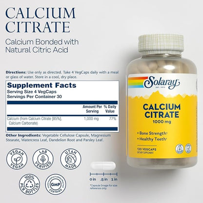 Solaray Calcium Citrate 1000mg - Chelated Calcium Supplement - Supports Bone Strength and Healthy Teeth - Easy to Digest - 60-Day Guarantee, Vegan - 30 Servings, 120 VegCaps