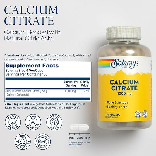 Solaray Calcium Citrate 1000mg - Chelated Calcium Supplement - Supports Bone Strength and Healthy Teeth - Easy to Digest - 60-Day Guarantee, Vegan - 30 Servings, 120 VegCaps