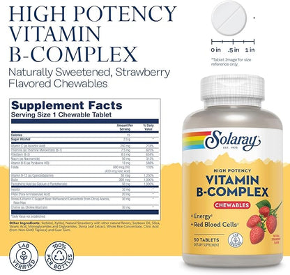 Solaray Vitamin B-Complex Chewables, Strawberry, Healthy 50 Tablets