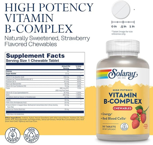 Solaray Vitamin B-Complex Chewables, Strawberry, Healthy 50 Tablets
