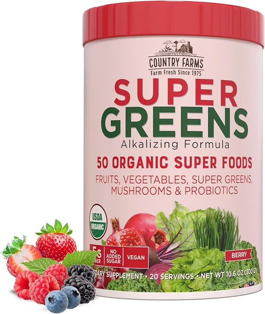 Country Farms Super Greens Berry Flavor, 50 Organic 20 Servings, 10.6 Oz