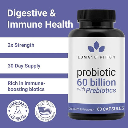 Luma Nutrition Probiotics 60 Billion CFU with Prebiotics - Probiotics for Women - Probiotics for Men - Formulated for Digestive Health - 60 Capsules