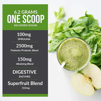 Raw Super Greens Powder Daily Juice Drink with Probiotics and Digestive Enzyme Blend - Whole Food Sourced, 46 Plant-Based Nutrients, Non-GMO, Spirulina, Chlorella, Wheatgrass (30 Servings)