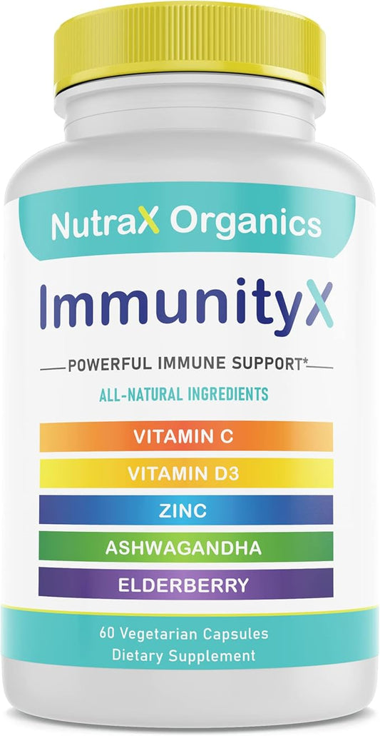All-in-One Organic Immune Support Supplement 60 Vegan Capsules - Elderberry 500mg, Ashwagandha 500mg, 400mg Vitamin C and Zinc - Vitamin D3 - Immune Boosters for Adults