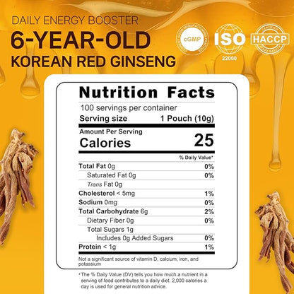 6-Year Korean Red Ginseng Extract & Royal Honey | 100 Sticks | Sweet Flavor | 70mg Ginseng, 15% Australian Honey | Energy, Focus, Fatigue, Immune Support | Daily Supplement for Men & Women
