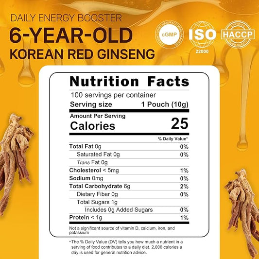 6-Year Korean Red Ginseng Extract & Royal Honey | 100 Sticks | Sweet Flavor | 70mg Ginseng, 15% Australian Honey | Energy, Focus, Fatigue, Immune Support | Daily Supplement for Men & Women
