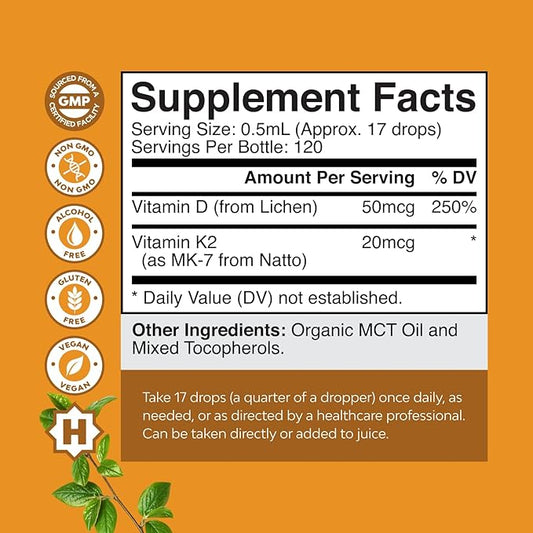 Natures Craft Liquid Vitamin D3 with K2 for Adults - Organic Drops 2000IU per Serving Vegan Bone Muscle Heart & Immune Support MCT Oil Enhanced Absorption