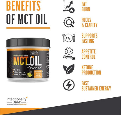 Intentionally Bare MCT Oil Powder French Vanilla MCT Coffee Creamer - C8 MCT Oil Powder for Energy Mood & Metabolism - No Grit MCT Powder Excellent in Baking Shakes & Keto Creamer for Coffee - 40 Ser