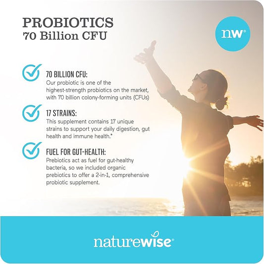 NatureWise Probiotics 70 Billion CFU - 17 Strains + Organic Prebiotics - Immune, Digestive & Gut Health Support for Women & Men - Vegetarian, Gluten-Free, Non-GMO - 30 Capsules[1-Month Supply]