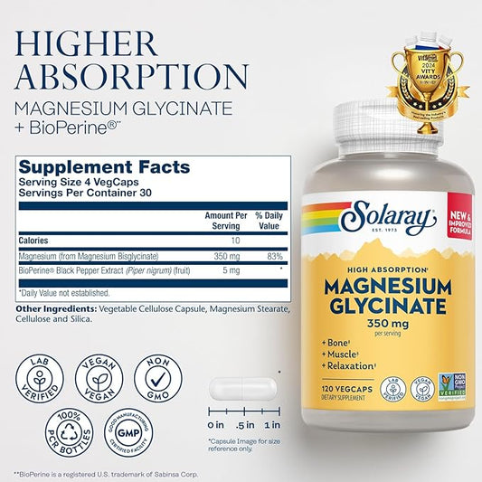 Solaray Magnesium Glycinate, New & Improved 60 Day (30 Servings, 120 VegCaps)