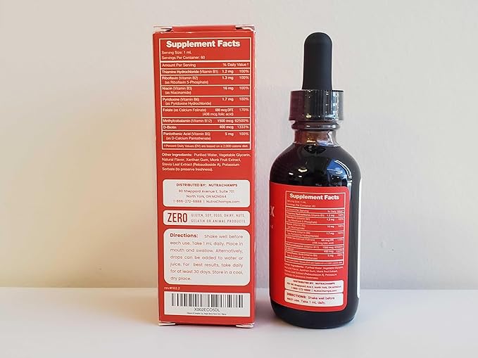 NutraChamps Vitamin B Complex Liquid Drops | B Vitamins Complex Supplement with B1, B2, B3, B6, B7, B9 & Methyl B12 Drops for Adults & Kids | Vegan Berry Flavor 2oz | 60 Servings / 2 Month Supply