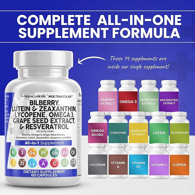 Eye Health Vitamins with Bilberry 6000mg 40mg Lycopene 40mg Resveratrol 3000mg Grape 6000mg Omega 3 4000mg 4000mg Astaxanthin 60 Capsules