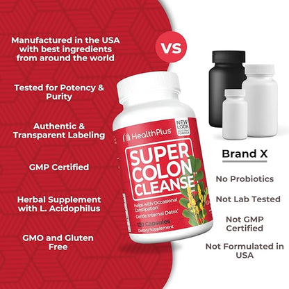Health Plus Super Colon Cleanse 10 Day Gentle Gut Cleanse Detox, Psyllium Husk, Probiotics for Constipation Relief & Digestive Support, 120 Capsules